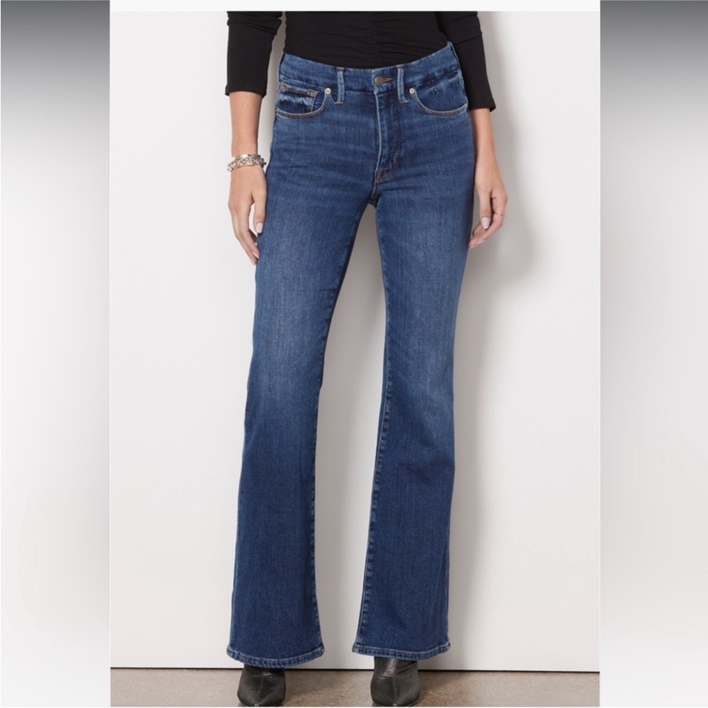 Good American Women’s High Rise Bootcut Flare Jeans Dark Wash Stretch Denim Y2K - Picture 2 of 13